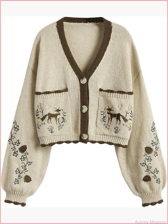 Sweaters - Cropped Floral Cardigan Cottagecore Embroidered Open Front Boho Sweater Fall